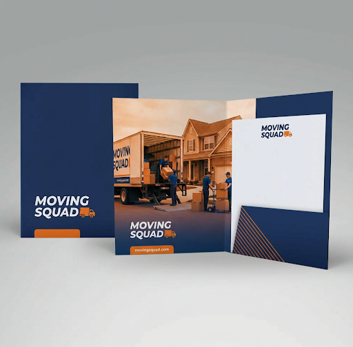 Promotional material for Moving Squad with a truck and people around a house.